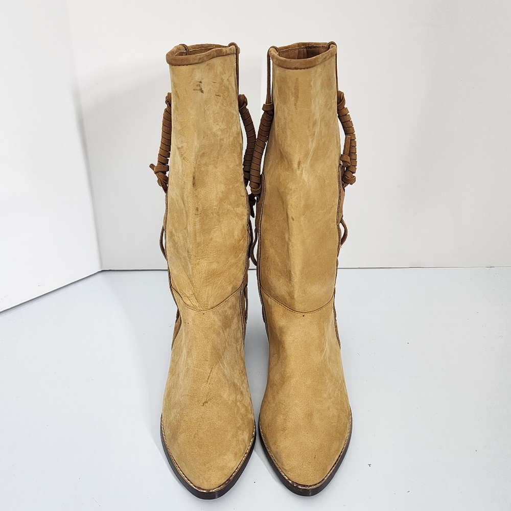 Vintage 80's Maine Woods Leather Boots Tan Low Heel Western DORADO RUN SMALL - Picture 2 of 16